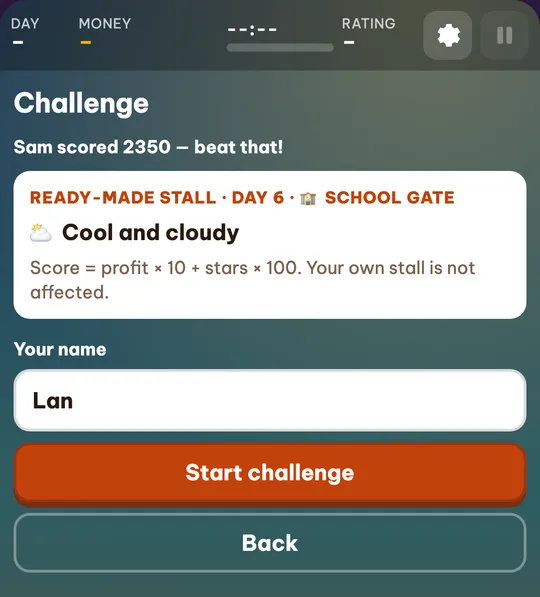 A challenge card on a phone: the line Sam scored 2350 — beat that, a ready-made stall at day 6 by the school gate, the scoring rule and the Start challenge button