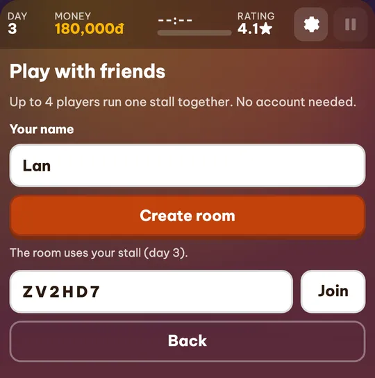 The join page opened from an invite link: the name box filled with Lan, the room code already filled in and the Join button
