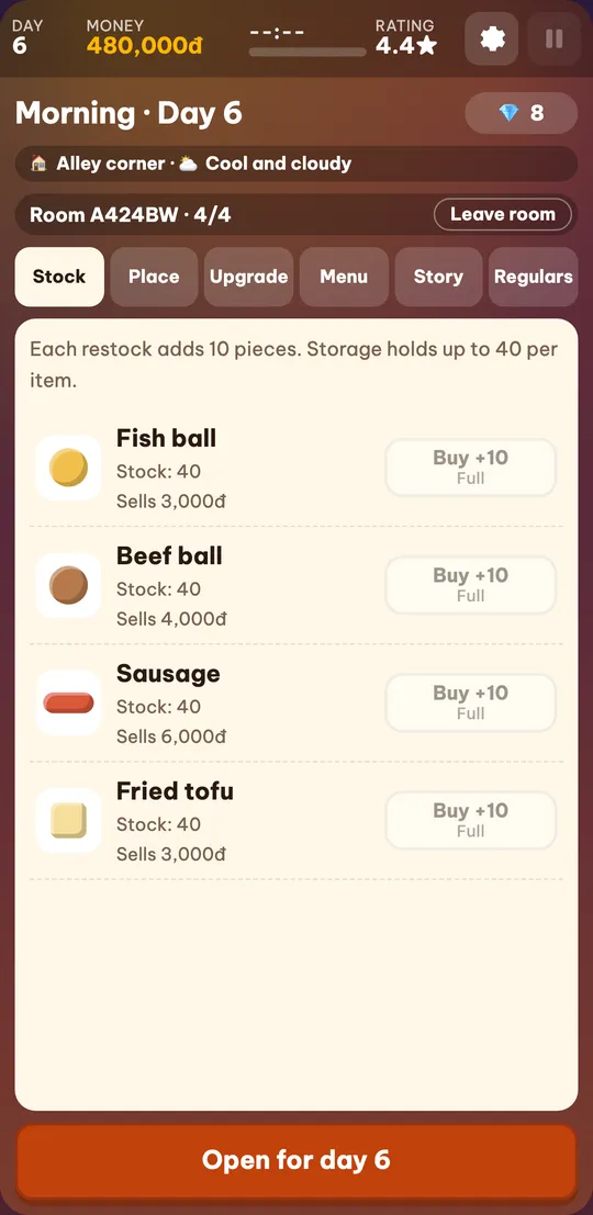 The owner’s morning in a room: a line with the room code and 4 of 4 players, a Leave room button and the Stock tab with fish balls, beef balls, sausages and tofu