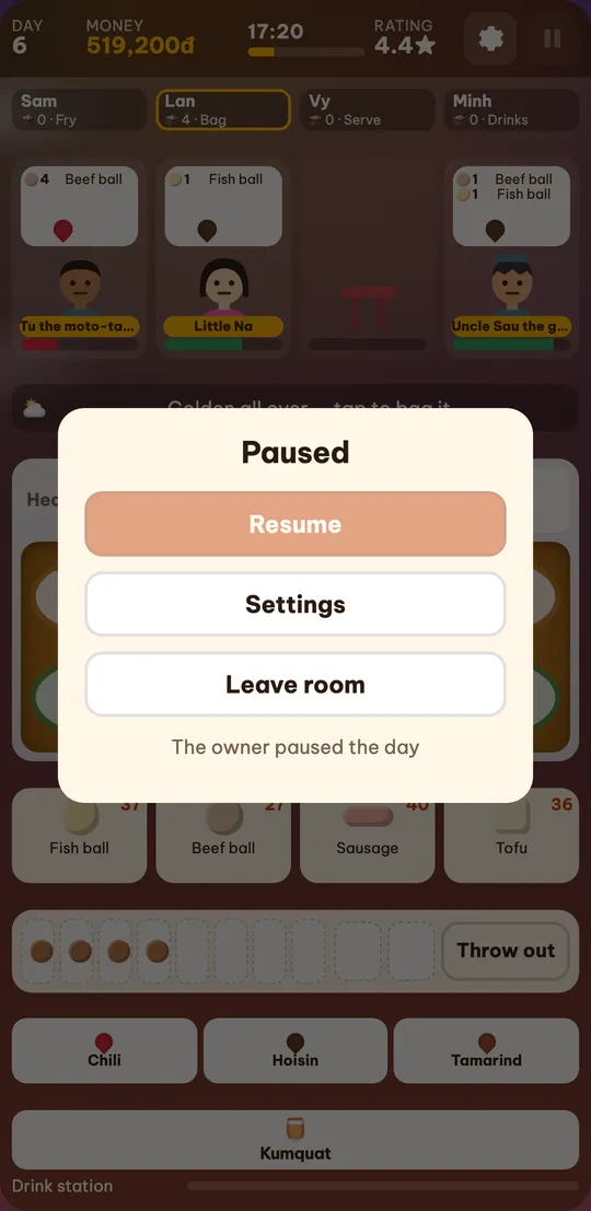 A guest sees the Paused panel with the line The owner paused the day, a greyed-out Resume button, and Settings and Leave room buttons