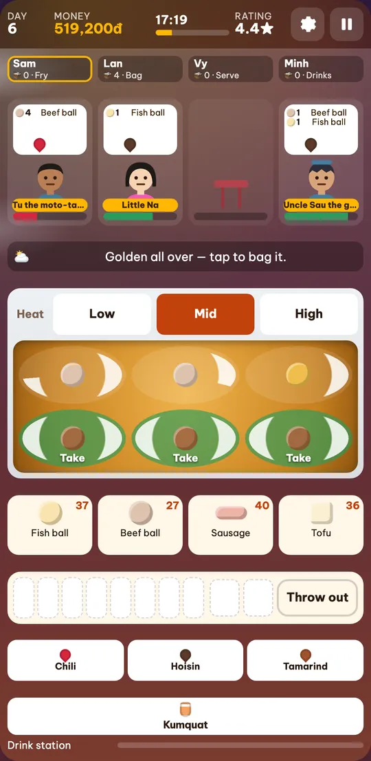 The owner playing Fry in a four-player day: four customers waiting, six wok spots and the names row with the number of pieces in each player’s bag
