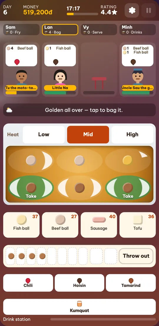 The trading screen with four players: the row of names Sam, Lan, Minh and Vy at the top, four customers with their orders, the wok frying and Lan’s bag holding a few pieces