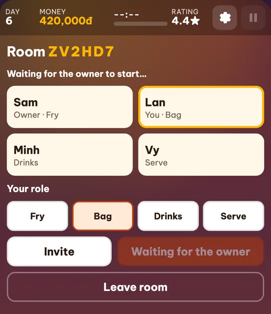 The waiting room seen by a guest: Lan’s card marked You, the Start button locked with the text Waiting for the owner