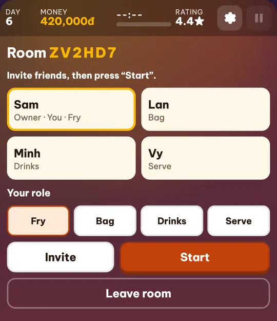 The owner’s waiting room with the room code, four player cards Sam, Lan, Minh and Vy with their roles, four role buttons and the Invite and Start buttons