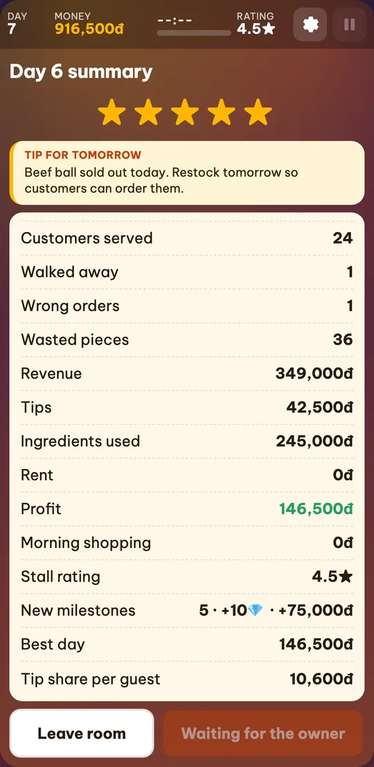 A guest’s end-of-day summary with the line Tip share per guest at the bottom, a Leave room button and a Waiting for the owner button