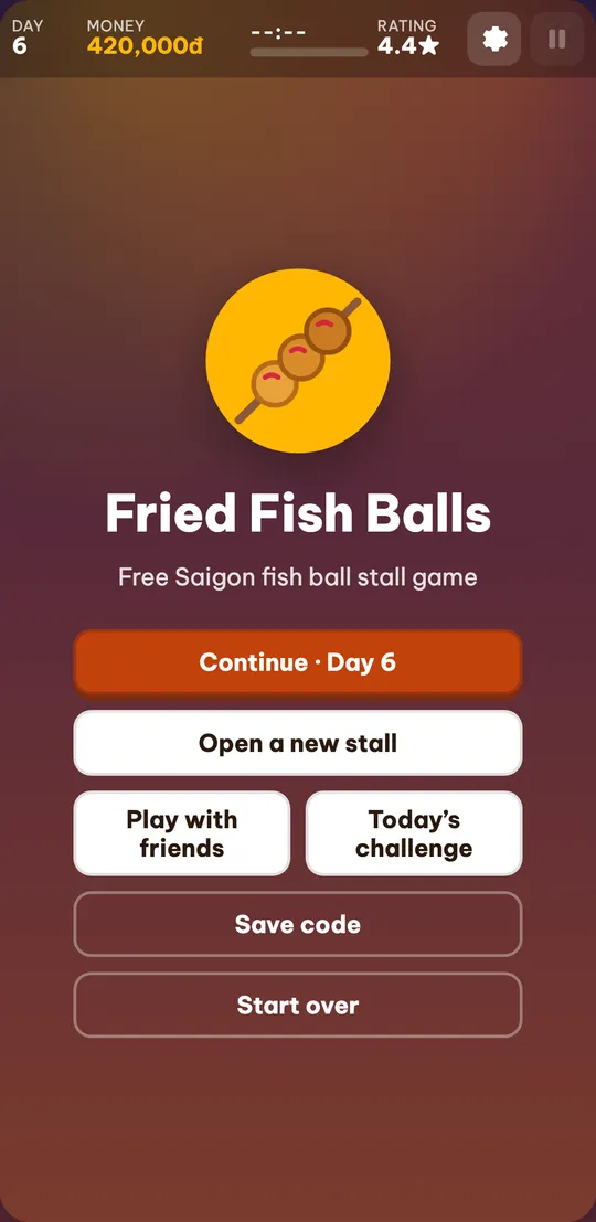 Cá Viên Chiên title screen on a phone with the buttons Continue, Open a new stall, Play with friends and Today’s challenge