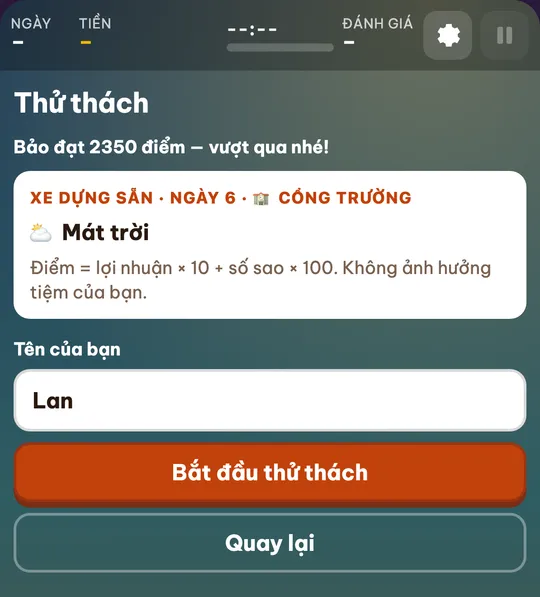 Thẻ thử thách trên điện thoại: dòng Bảo đạt 2350 điểm, vượt qua nhé, xe dựng sẵn ngày 6 ở cổng trường, luật tính điểm và nút Bắt đầu thử thách
