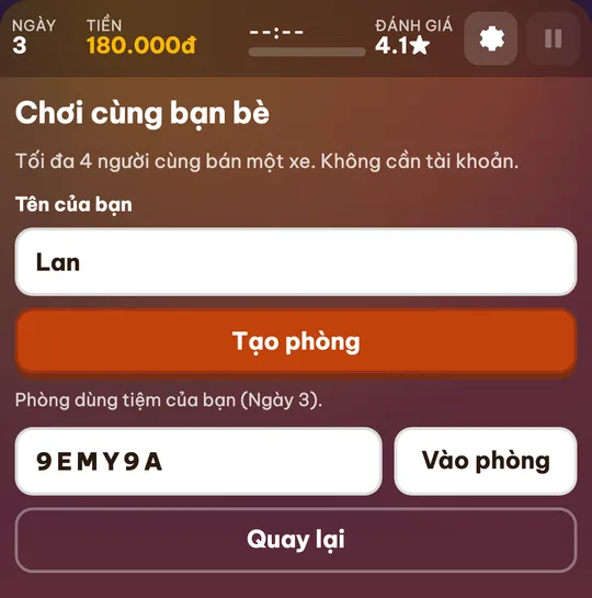 Trang vào phòng mở từ link mời: ô Tên của bạn đã nhập Lan, ô mã phòng đã điền sẵn và nút Vào phòng