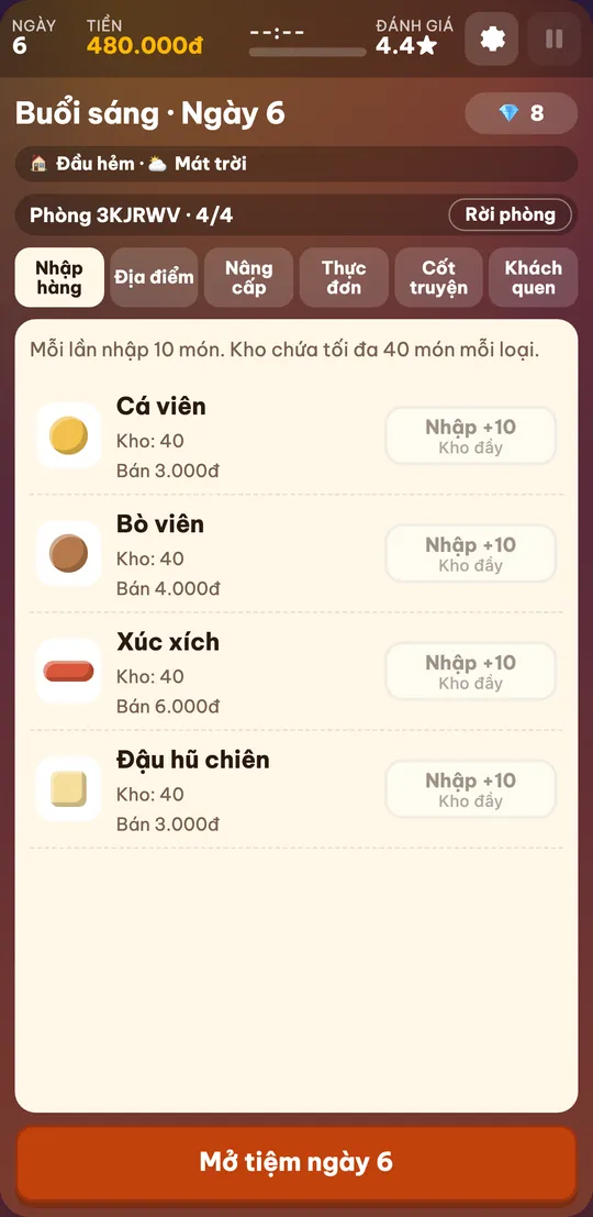Buổi sáng của chủ quán trong phòng: dòng Phòng 5R3GSE 4 trên 4, nút Rời phòng, thẻ Nhập hàng với cá viên, bò viên, xúc xích, đậu hũ