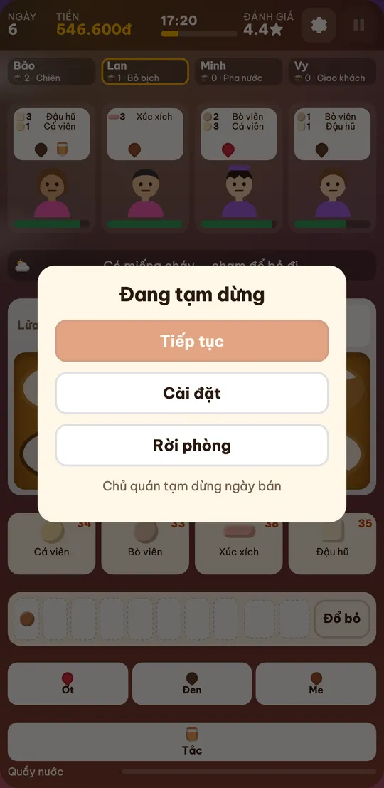 Người chơi cùng thấy bảng Đang tạm dừng với dòng Chủ quán tạm dừng ngày bán, nút Tiếp tục bị mờ, nút Cài đặt và Rời phòng