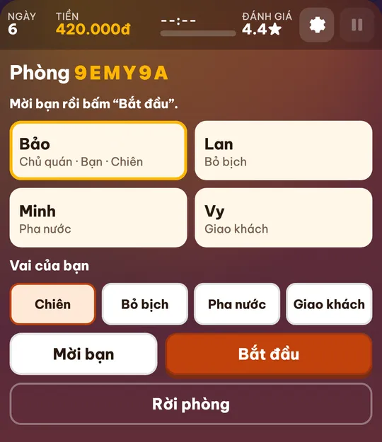 Phòng chờ của chủ quán với mã phòng, bốn ô người chơi Bảo, Lan, Minh, Vy kèm vai, bốn nút chọn vai và nút Mời bạn, Bắt đầu