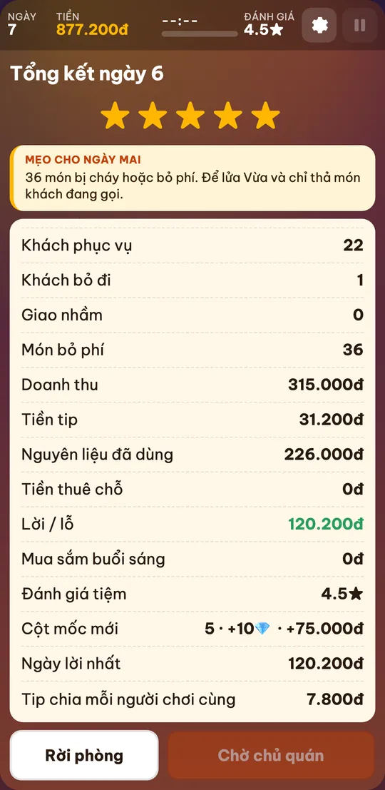 Bảng tổng kết của người chơi cùng với dòng Tip chia mỗi người chơi cùng ở cuối, nút Rời phòng và nút Chờ chủ quán