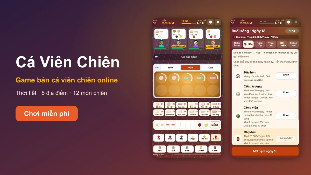 Ảnh chụp game Cá Viên Chiên: màn hình bán hàng ngày mưa ở chợ đêm và thẻ chọn địa điểm bày bán