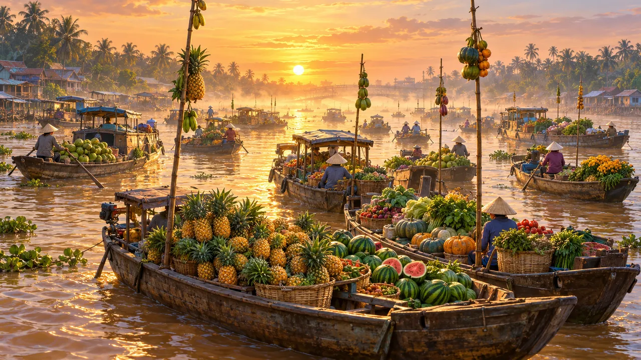 Painting of the Cai Rang floating market near Can Tho at dawn: boats loaded with pineapples, watermelons and pumpkins, poles of hanging produce and golden mist on the river