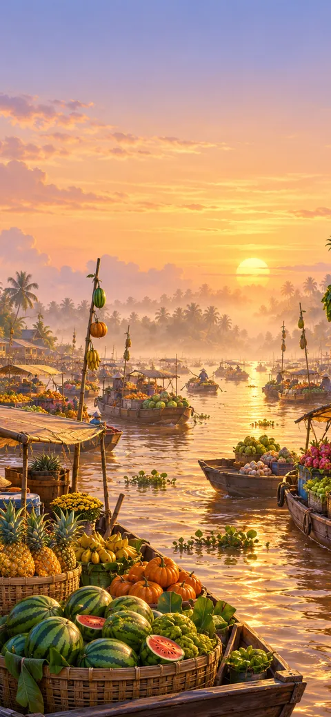 Phone version: Painting of the Cai Rang floating market near Can Tho at dawn: boats loaded with pineapples, watermelons and pumpkins, poles of hanging produce and golden mist on the river