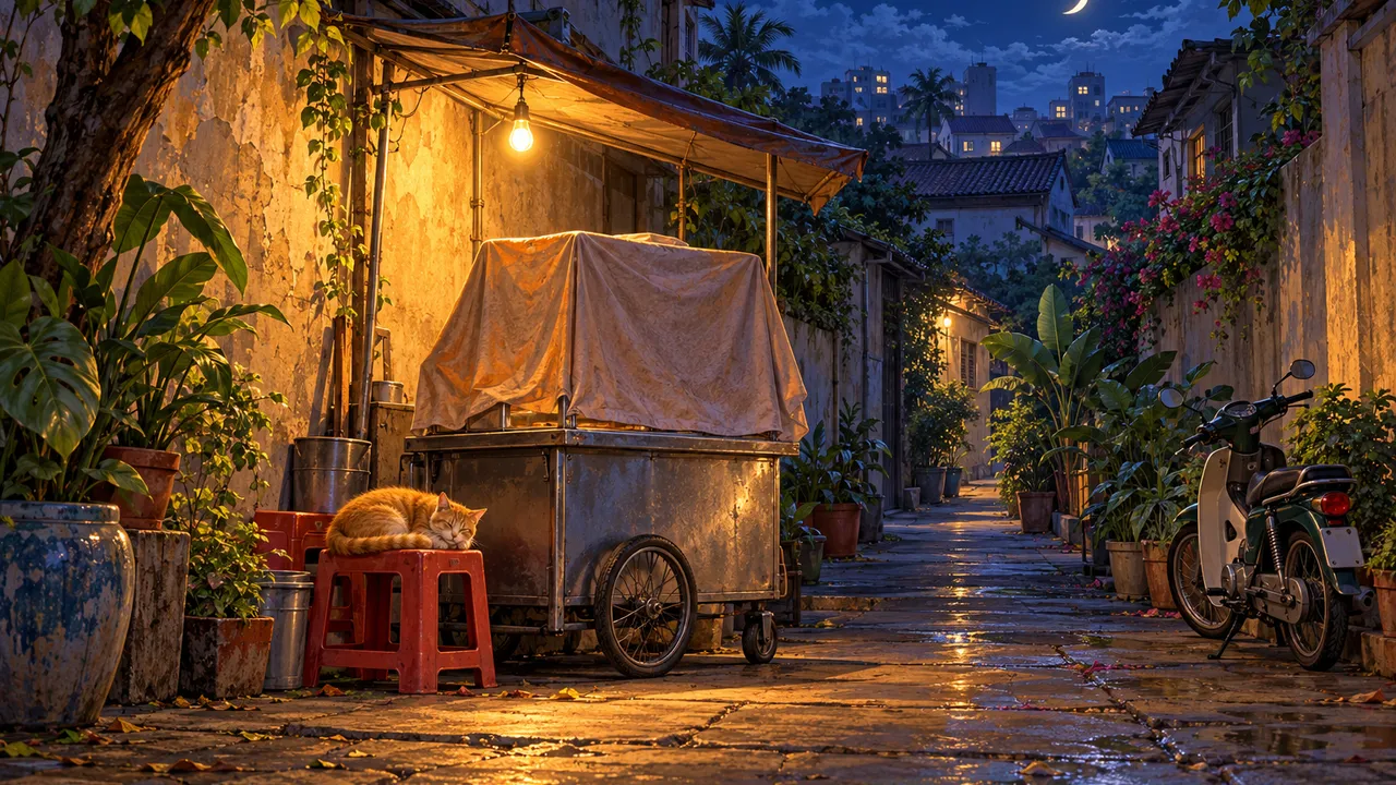 Painting of a late night after closing: one bulb over a covered fish ball cart, a ginger cat curled up asleep on a red plastic stool, a crescent moon above the roofs