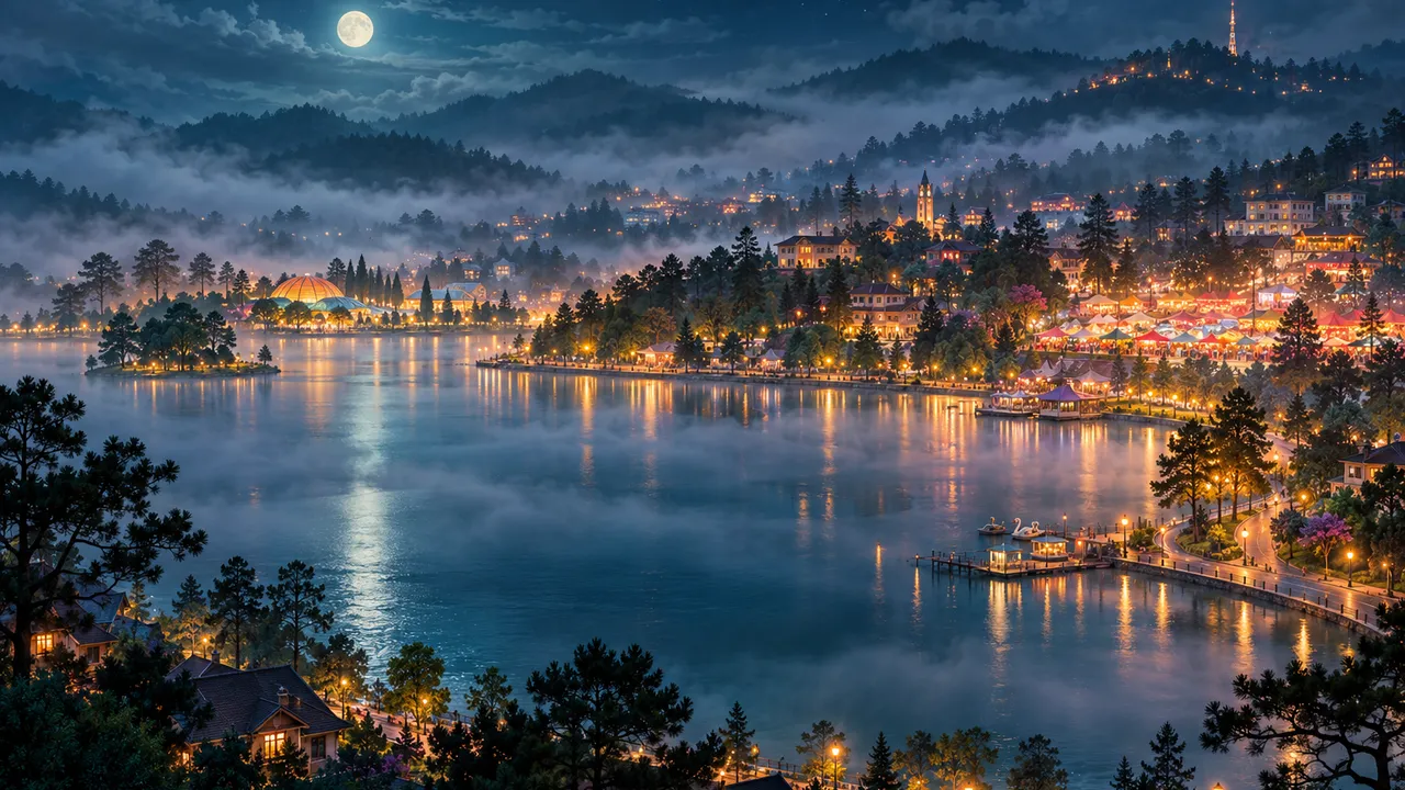 Painting of Da Lat at night: soft fog over Xuan Huong Lake, pine hills, a full moon, the lit hill town and the night market’s tents by the lake