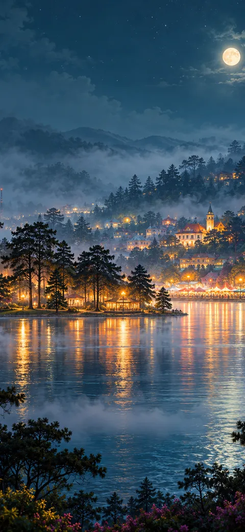 Phone version: Painting of Da Lat at night: soft fog over Xuan Huong Lake, pine hills, a full moon, the lit hill town and the night market’s tents by the lake