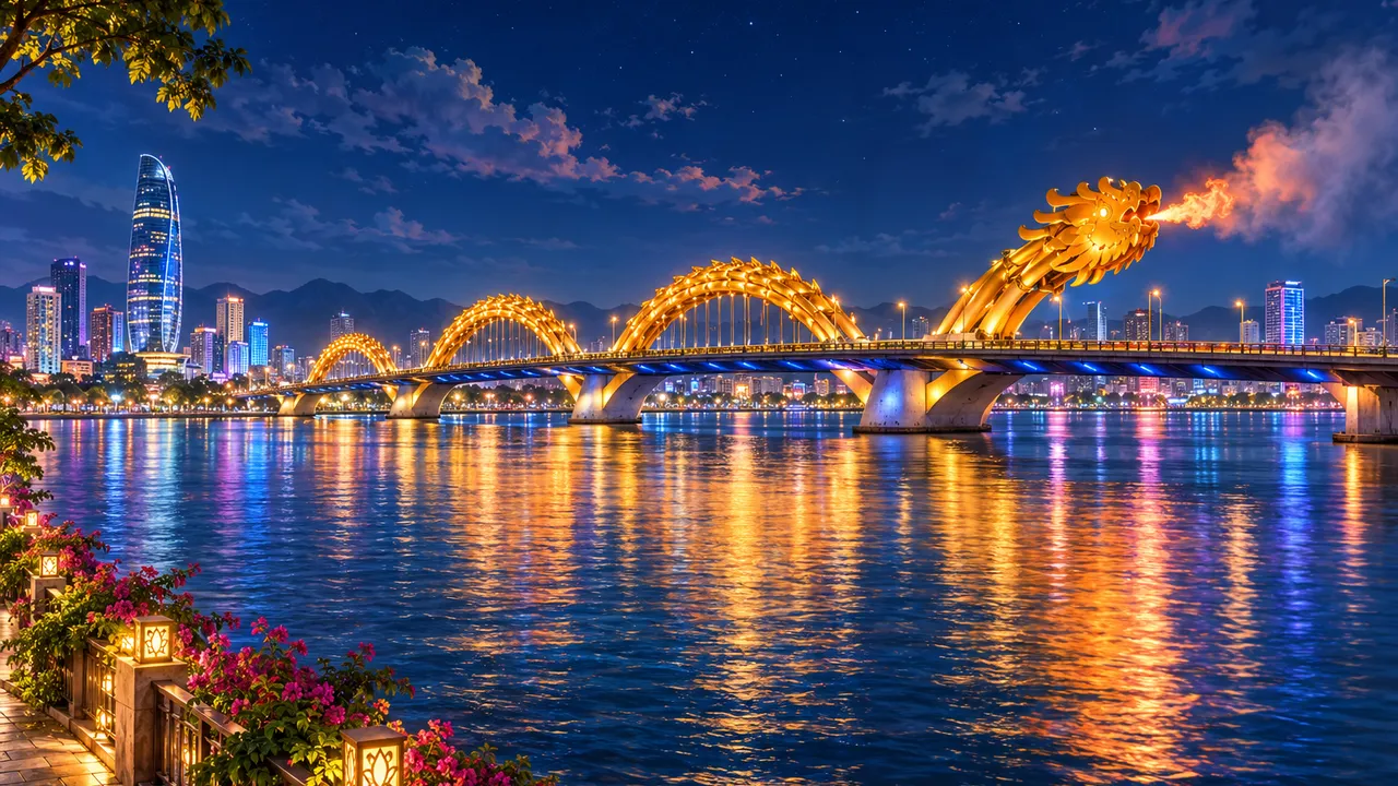 Painting of Da Nang at night: the golden Dragon Bridge over the Han River breathing fire and mist, the lit city and long reflections in the river