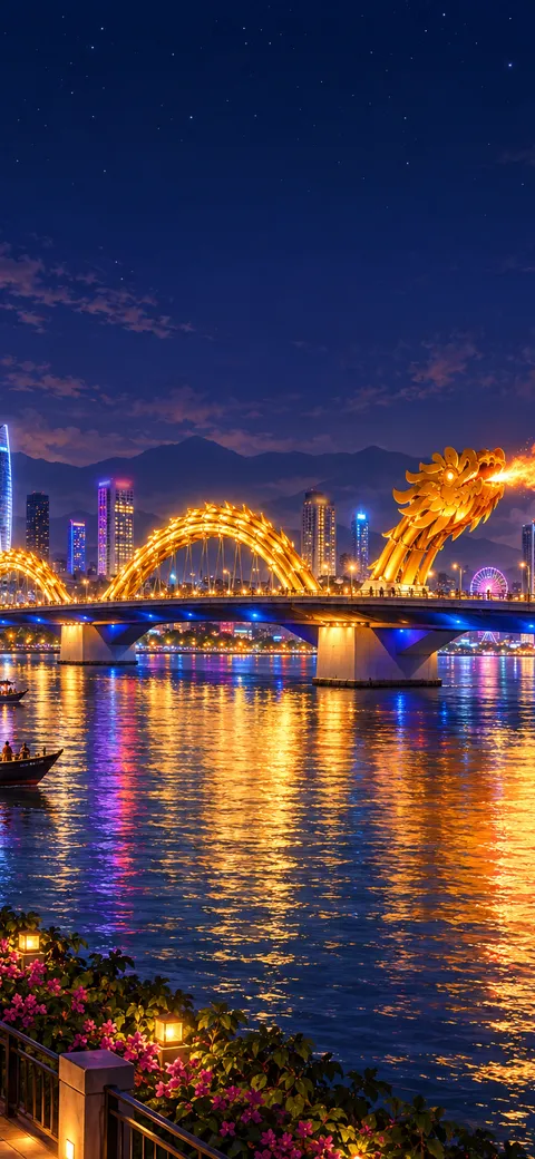 Phone version: Painting of Da Nang at night: the golden Dragon Bridge over the Han River breathing fire and mist, the lit city and long reflections in the river