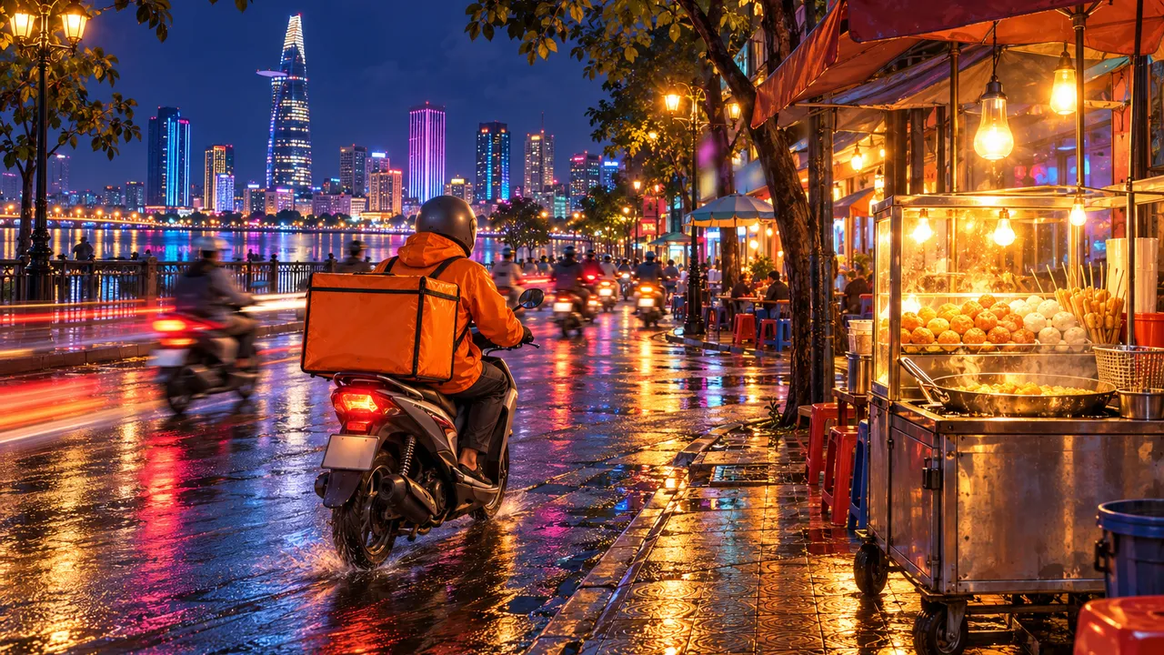 Painting of a delivery rider on a scooter with a food box passing a lit fish ball cart on a Saigon night, light trails on the street