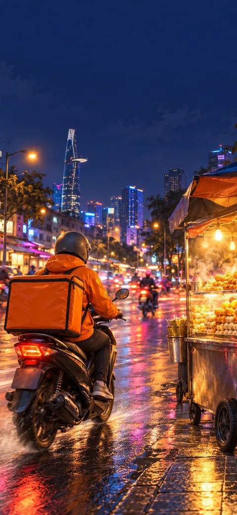 Phone version: Painting of a delivery rider on a scooter with a food box passing a lit fish ball cart on a Saigon night, light trails on the street