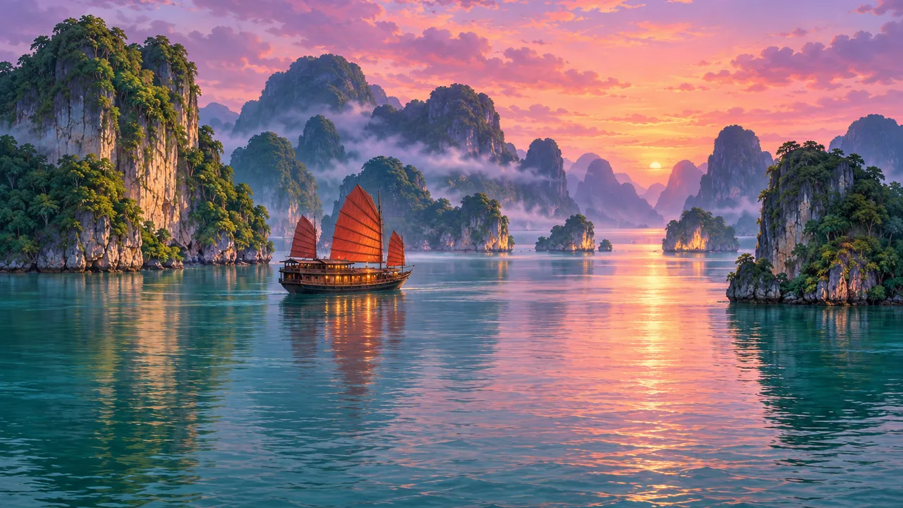 Painting of Ha Long Bay at twilight: limestone karsts rising from calm emerald water, a junk with rust-red sails, soft mist and a pink and lavender sky