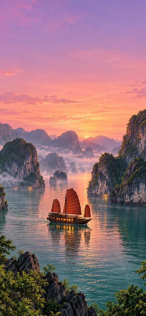 Phone version: Painting of Ha Long Bay at twilight: limestone karsts rising from calm emerald water, a junk with rust-red sails, soft mist and a pink and lavender sky