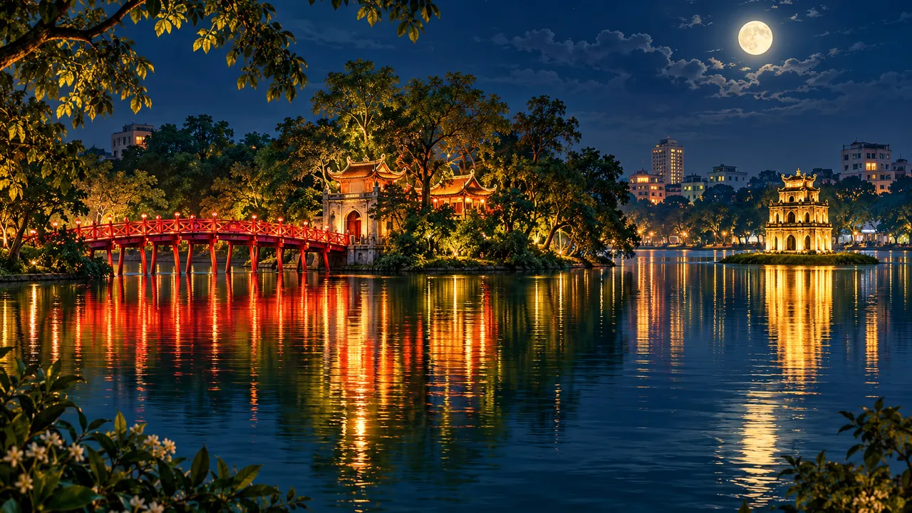 Painting of Hoan Kiem Lake in Hanoi at night: the lit red Huc Bridge to Ngoc Son Temple, the golden Turtle Tower in the lake, a full moon and reflections on the water