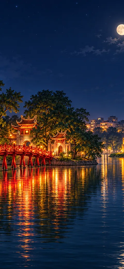 Phone version: Painting of Hoan Kiem Lake in Hanoi at night: the lit red Huc Bridge to Ngoc Son Temple, the golden Turtle Tower in the lake, a full moon and reflections on the water
