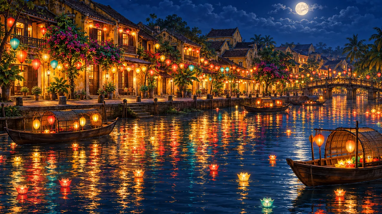 Painting of Hoi An old town at night: yellow houses with mossy roofs on the Hoai River, hundreds of red, orange, gold and teal silk lanterns and paper lotus lanterns on the water