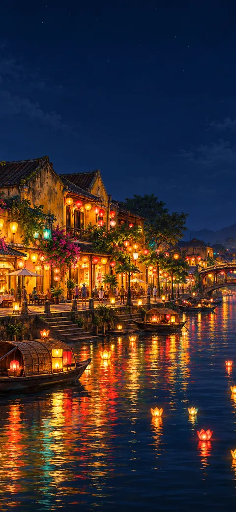 Phone version: Painting of Hoi An old town at night: yellow houses with mossy roofs on the Hoai River, hundreds of red, orange, gold and teal silk lanterns and paper lotus lanterns on the water