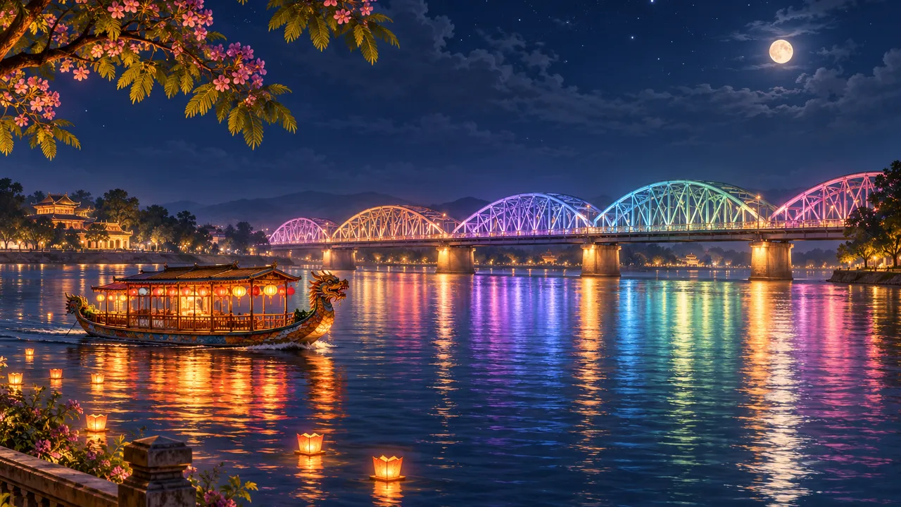 Painting of Hue at night: the six-arched Truong Tien Bridge lit over the Perfume River, a lantern-lit dragon boat and reflections on the water