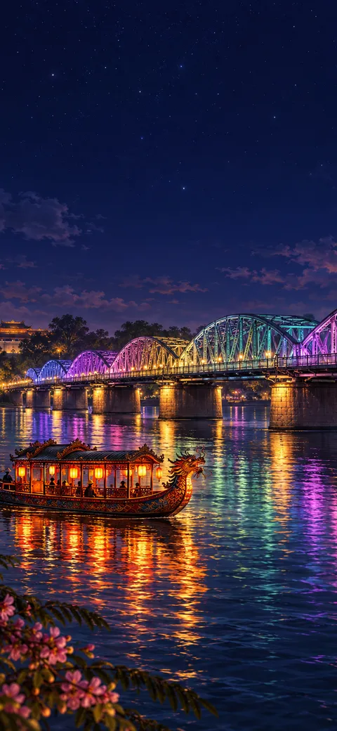 Phone version: Painting of Hue at night: the six-arched Truong Tien Bridge lit over the Perfume River, a lantern-lit dragon boat and reflections on the water