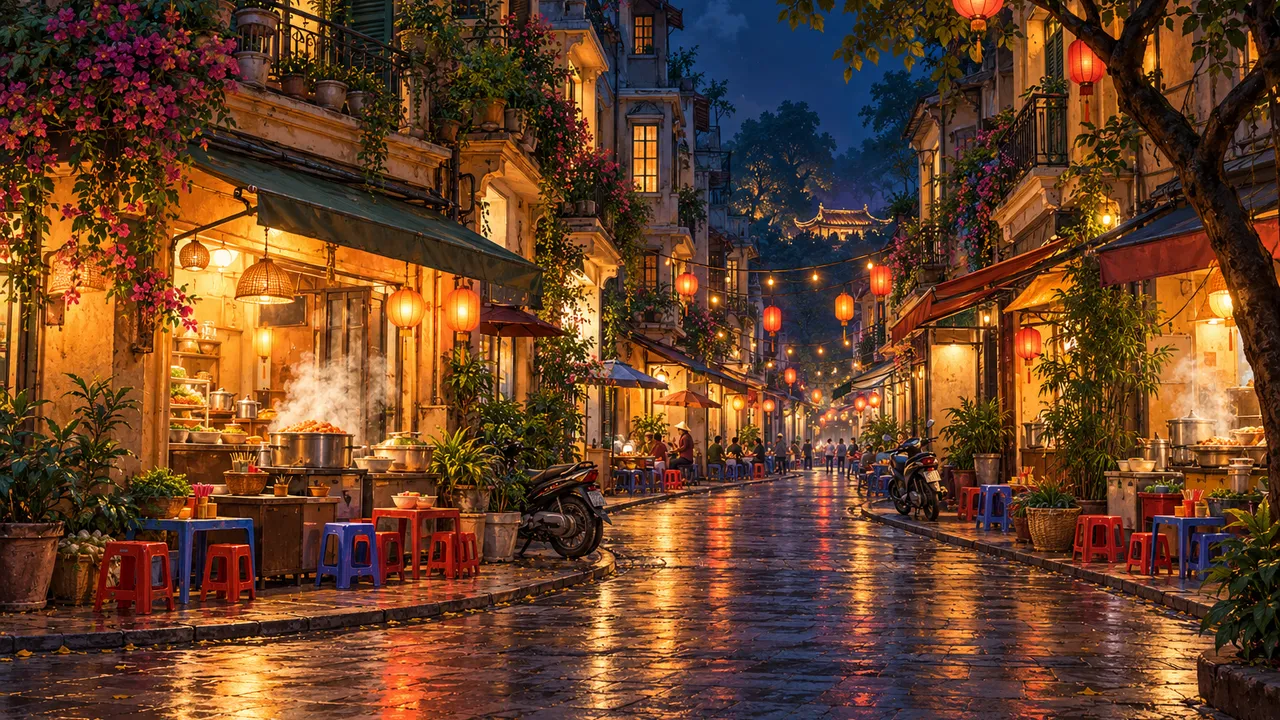 Painting of the Hanoi Old Quarter at night: narrow tube houses with balconies and plants, steaming sidewalk stalls with low stools, parked motorbikes and red lanterns overhead