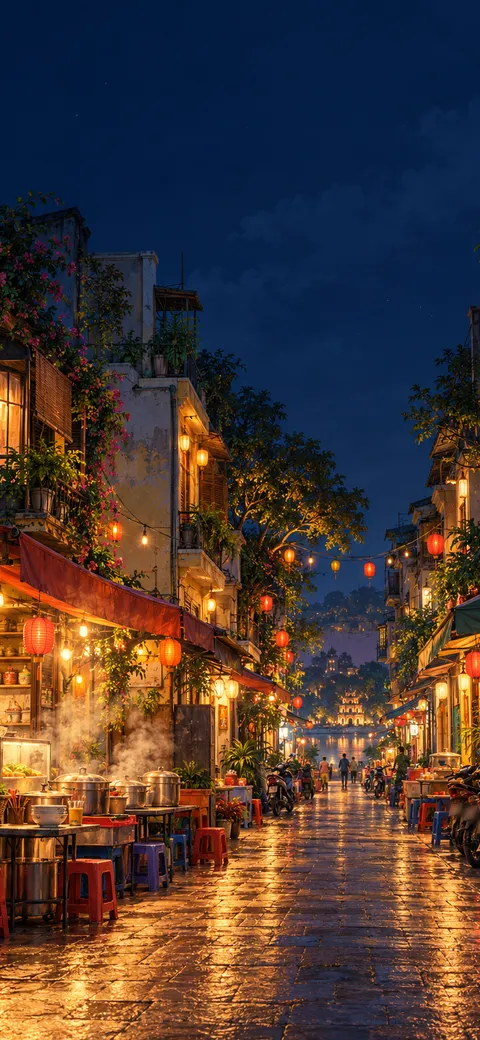 Phone version: Painting of the Hanoi Old Quarter at night: narrow tube houses with balconies and plants, steaming sidewalk stalls with low stools, parked motorbikes and red lanterns overhead