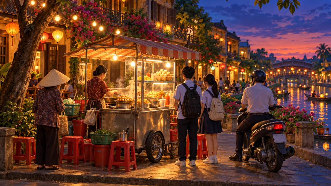 Painting of an evening at a lit fish ball cart by a river: the vendor frying, two students in white shirts with backpacks, an office worker on a scooter and a grandmother in a conical hat waiting their turn