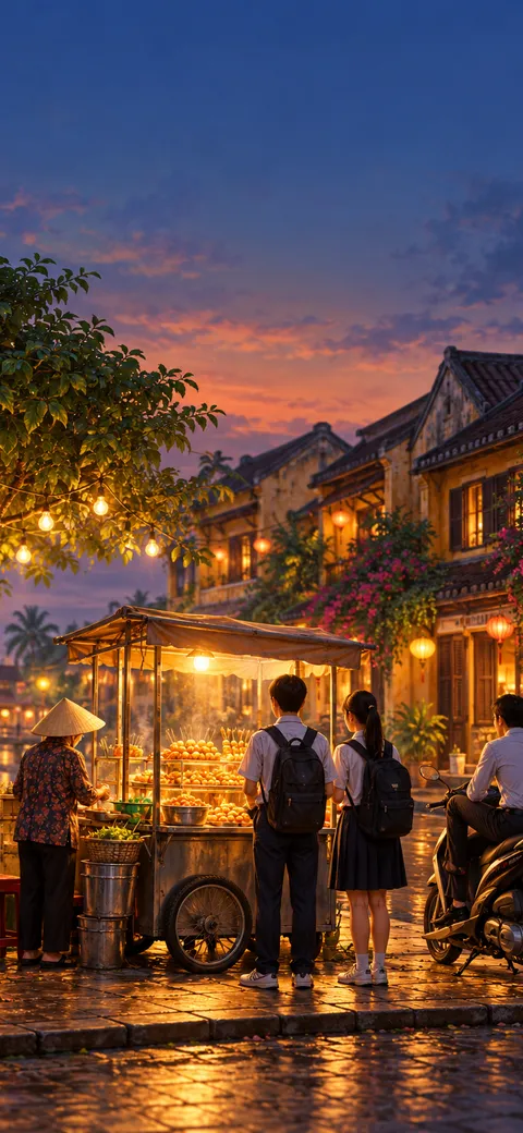 Phone version: Painting of an evening at a lit fish ball cart by a river: the vendor frying, two students in white shirts with backpacks, an office worker on a scooter and a grandmother in a conical hat waiting their turn