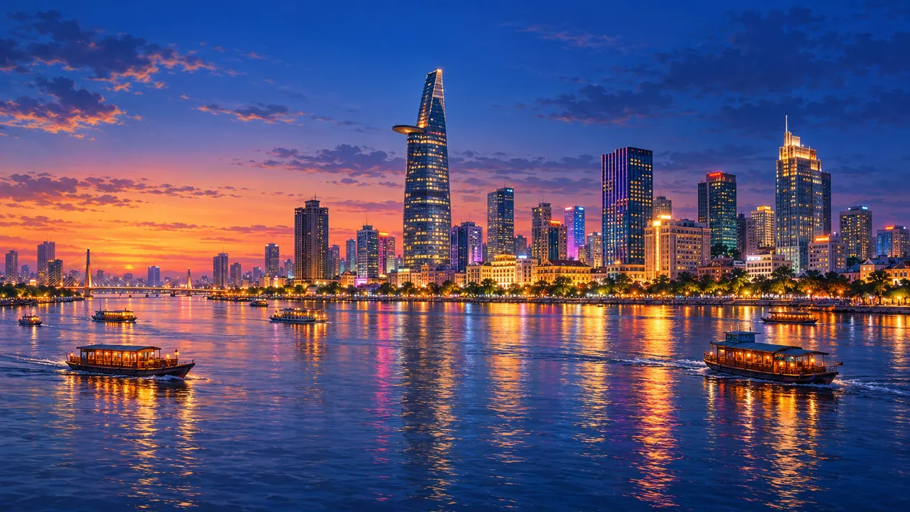 Painting of the Saigon riverfront at blue hour: the lotus-bud tower and lit buildings, small boats on the river and a deep blue sky