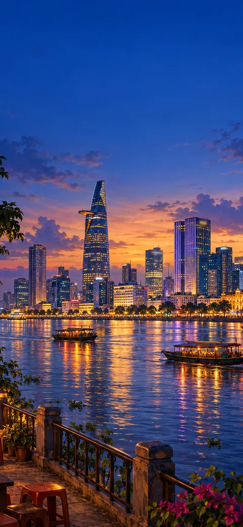 Phone version: Painting of the Saigon riverfront at blue hour: the lotus-bud tower and lit buildings, small boats on the river and a deep blue sky
