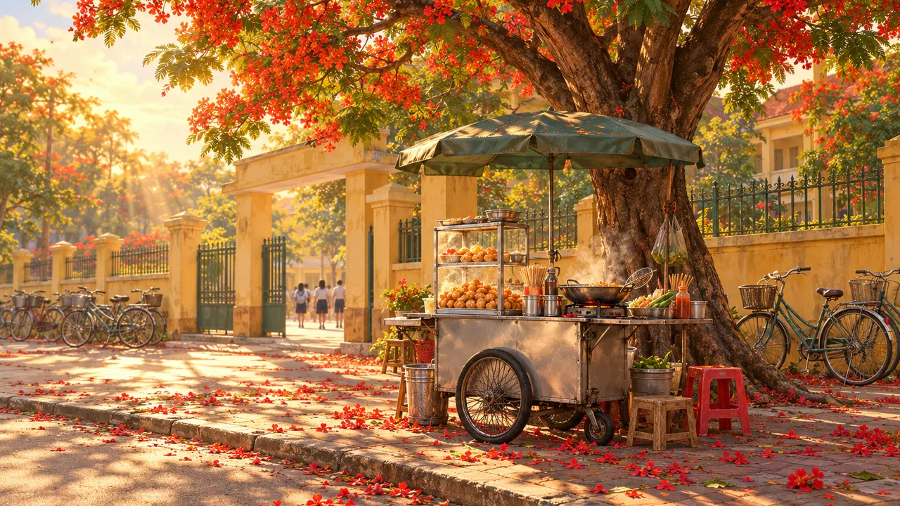 Painting of a fish ball cart under a red flame tree at a yellow school gate in the afternoon: bicycles by the wall, red petals all over the pavement, students walking away