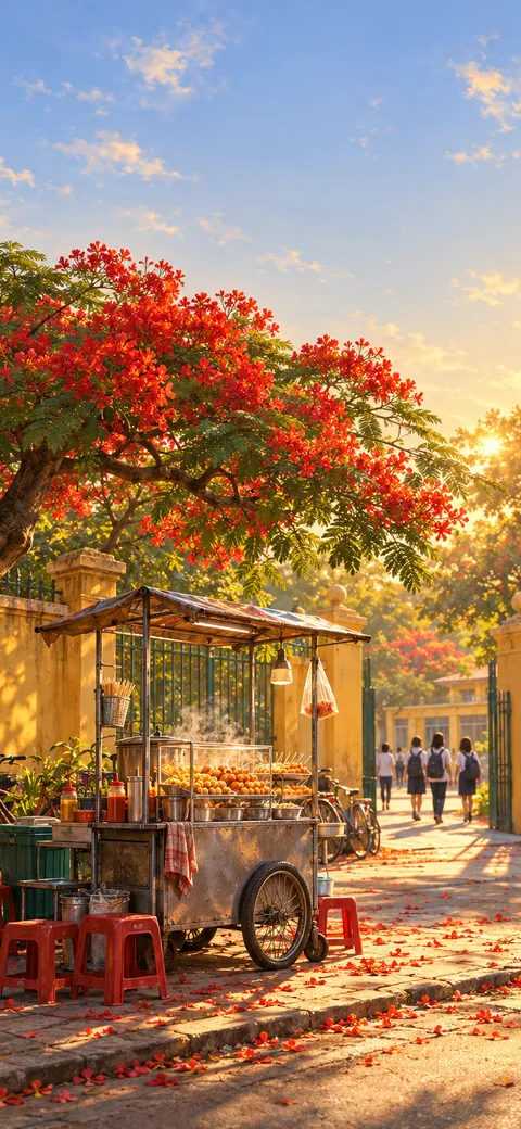 Phone version: Painting of a fish ball cart under a red flame tree at a yellow school gate in the afternoon: bicycles by the wall, red petals all over the pavement, students walking away