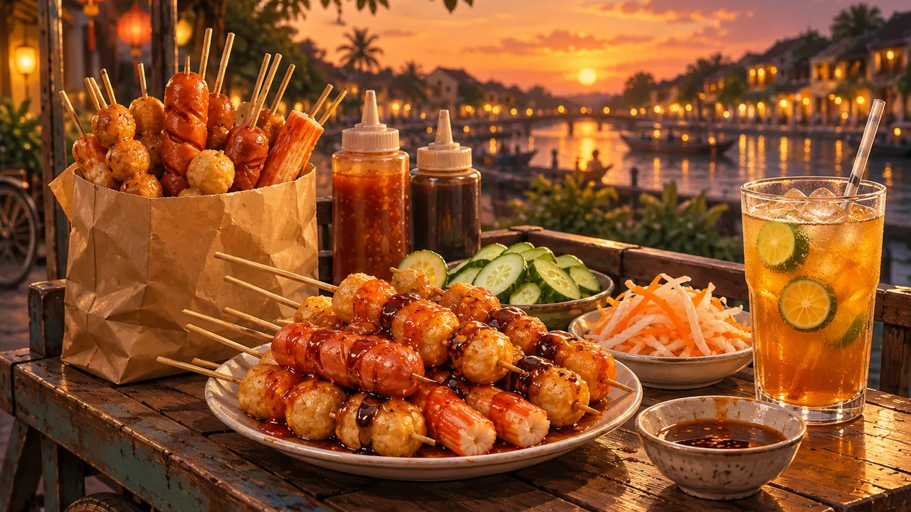 Painting of fried fish ball, sausage and crab stick skewers with chilli and plum sauce, cucumber, pickles and an iced kumquat tea on a wooden cart top, a riverside at sunset behind