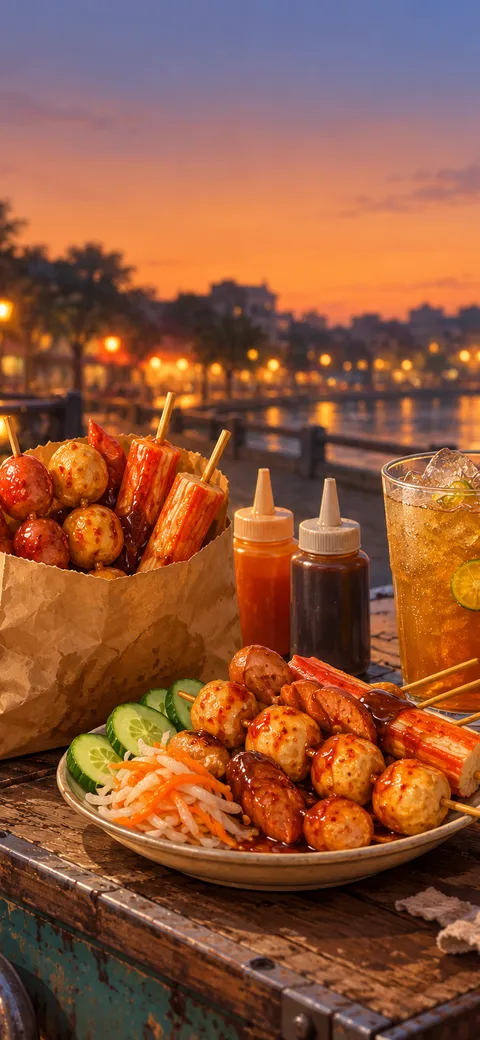 Phone version: Painting of fried fish ball, sausage and crab stick skewers with chilli and plum sauce, cucumber, pickles and an iced kumquat tea on a wooden cart top, a riverside at sunset behind