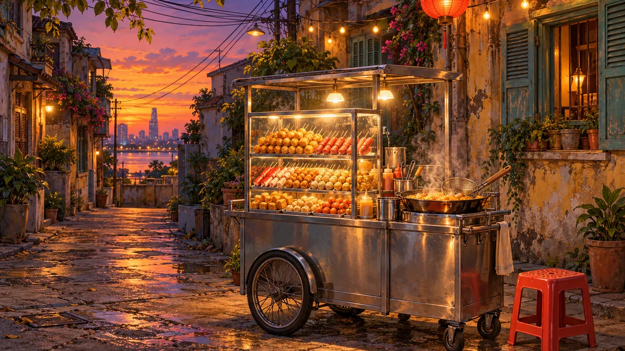 Painting of a steel fish ball cart in a Saigon alley at sunset: a glass case full of skewers, a steaming wok, a red lantern, a red plastic stool and an orange and violet sky at the end of the alley