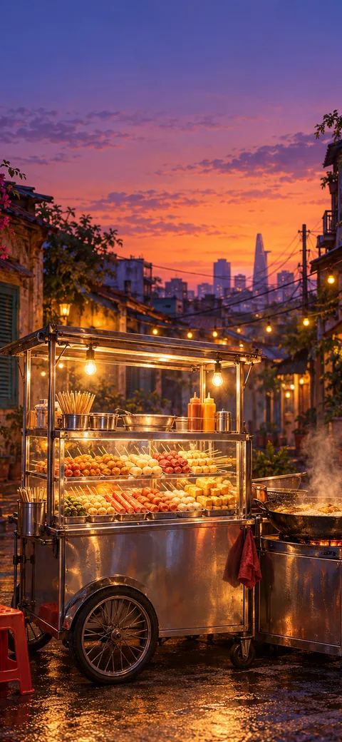 Phone version: Painting of a steel fish ball cart in a Saigon alley at sunset: a glass case full of skewers, a steaming wok, a red lantern, a red plastic stool and an orange and violet sky at the end of the alley