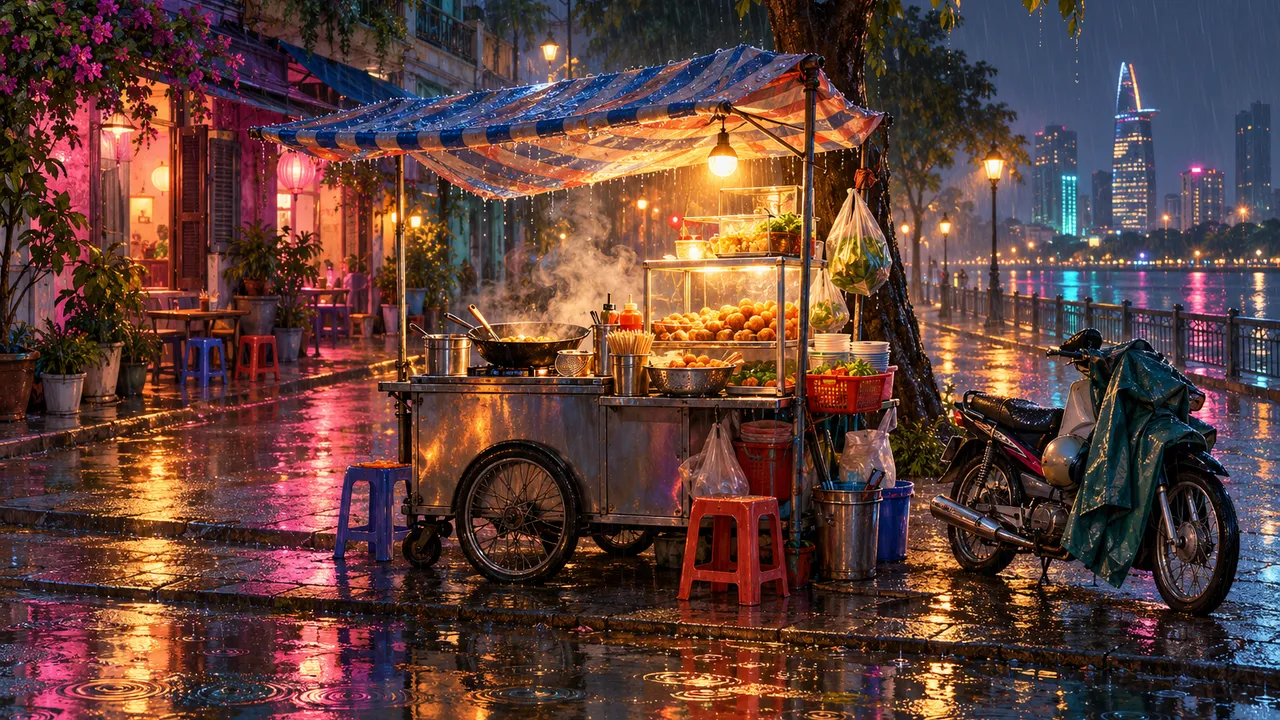 Painting of a fish ball cart under a striped tarp on the Saigon riverside on a rainy night: steam from the wok, plastic stools, a motorbike under a raincoat, the wet street mirroring warm and pink lights and the skyline beyond