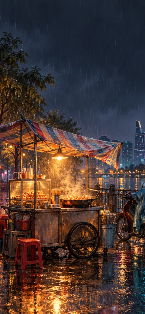 Phone version: Painting of a fish ball cart under a striped tarp on the Saigon riverside on a rainy night: steam from the wok, plastic stools, a motorbike under a raincoat, the wet street mirroring warm and pink lights and the skyline beyond