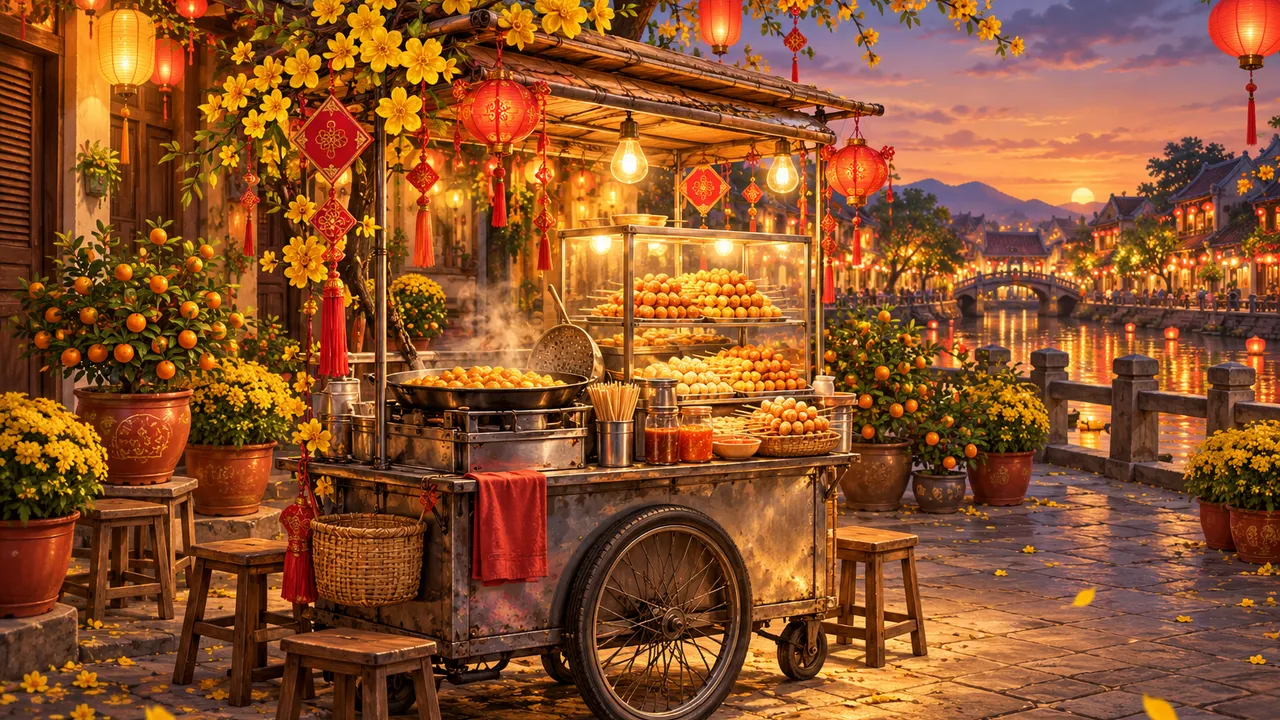 Painting of a fish ball cart dressed for Tết by a river: yellow apricot blossom, red lanterns and knots, potted kumquat trees, yellow chrysanthemums and wooden stools at sunset