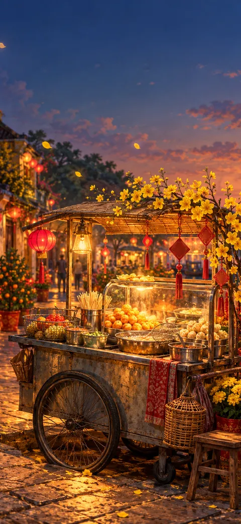 Phone version: Painting of a fish ball cart dressed for Tết by a river: yellow apricot blossom, red lanterns and knots, potted kumquat trees, yellow chrysanthemums and wooden stools at sunset